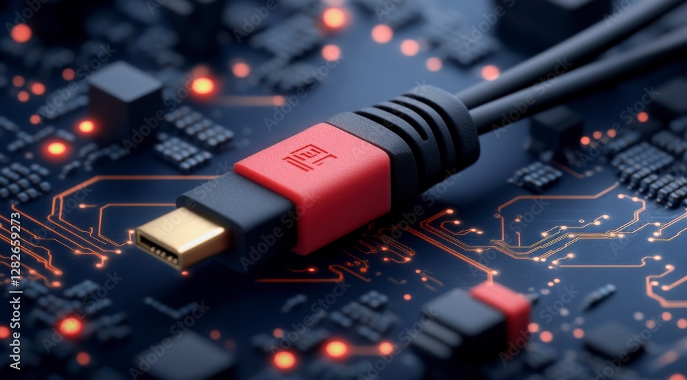 Poster high tech data cable on circuit board close up 3d render