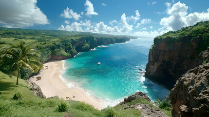 Fototapeta premium Secluded tropical beach cove, boat at sea, lush green hills. Travel brochure