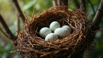 Obraz premium Bird's nest with speckled eggs nestled among twigs and greenery in a serene natural setting