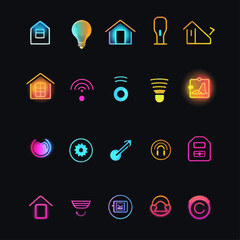 Neon Icon Set: Smart Home, Energy, Technology, Connectivity, Settings, UI
