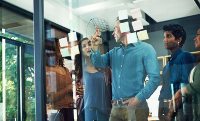 Drawing, information and writing with business people in office together for brainstorming....