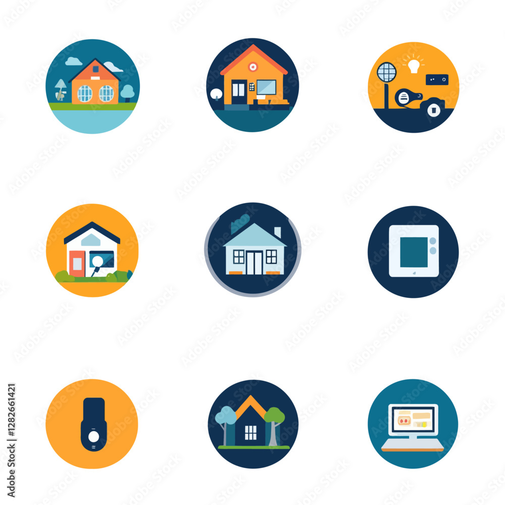 Poster smart home automation system flat vector icons, remote access system