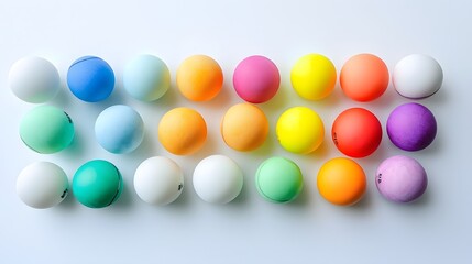 Arrangement of Vibrant Pastel Colored Table Tennis Balls Displayed in a Symmetrical Minimalist Composition