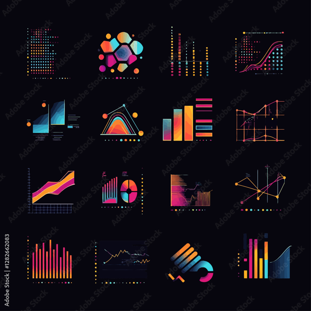 Poster vibrant data visualization with colorful abstract charts and graphs