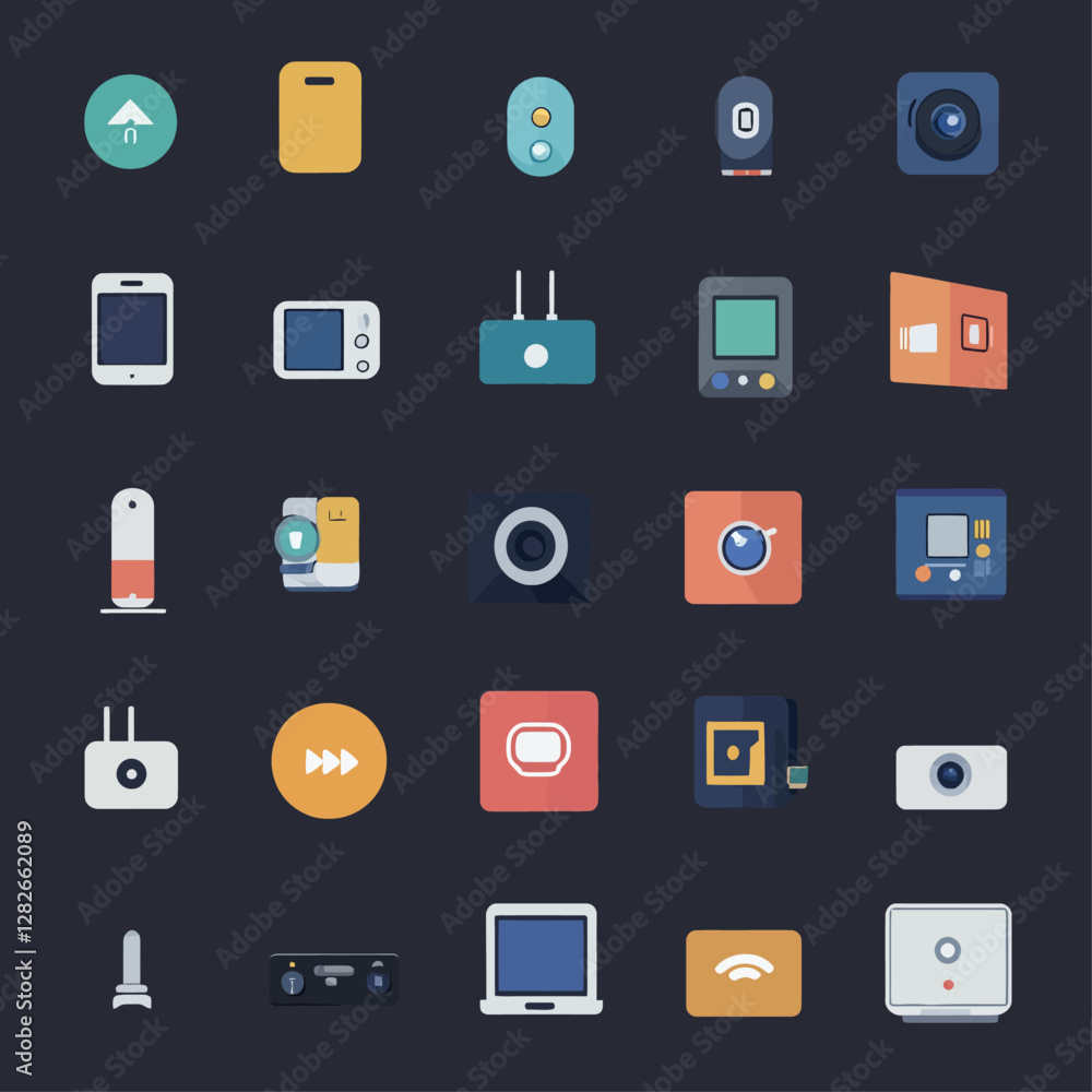 Poster Flat Vector Icons of Technology Devices on Dark Background