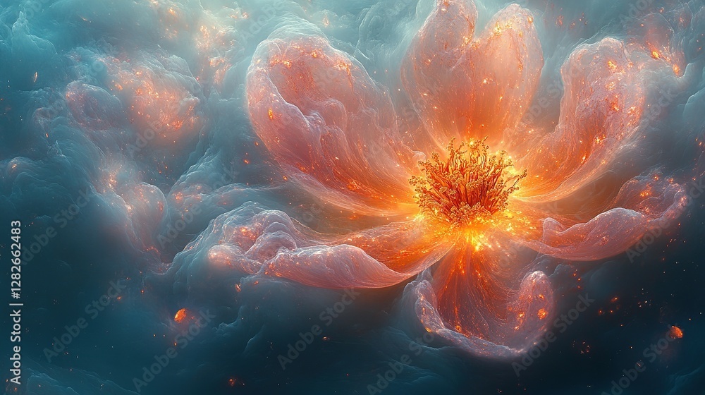 Poster abstract rendering of a luminous flower with glowing petals