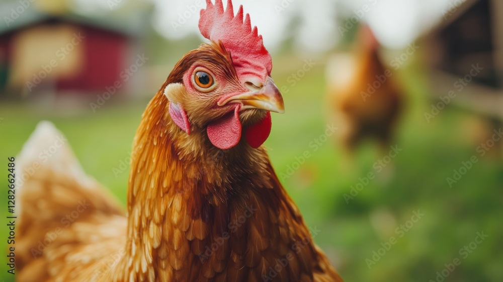 Poster Close view of a brown hen in a lush green farm setting with blurred chickens in background during a sunny afternoon. Generative AI