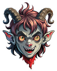 Render a disturbingly realistic image of a twisted, demonic child's head, half human, half something else; emphasizing grotesque features and unsettling detail.