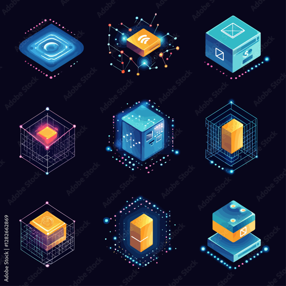 Poster isometric digital data blocks with neon highlights on dark background