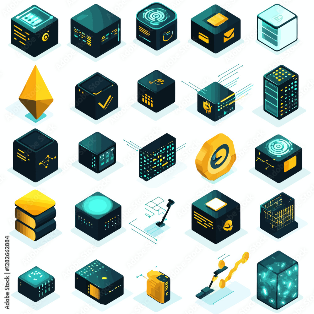 Poster isometric cryptocurrency blockchain cubes on white background abstract style