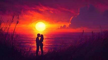 Fototapeta premium Romantic Couple Kissing Silhouetted by a Dramatic Sunset Seascape. Scenic Ocean Vista, Lovers Embrace