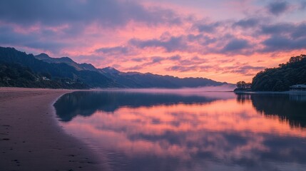Fototapeta premium Serene Sunrise Reflections on Calm River