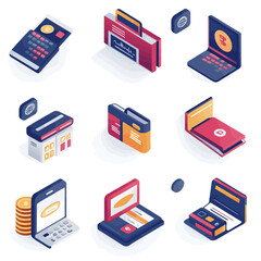 Isometric Cryptocurrency Financial Technology Icons on White Background