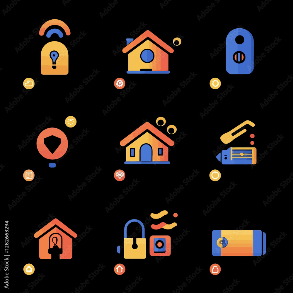 Poster smart home automation icon set features security and connectivity solutions