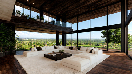 Fototapeta premium Luxurious living room in a modern villa features a large white sectional sofa and floor-to-ceiling windows overlooking a lush green forest landscape during the day.
