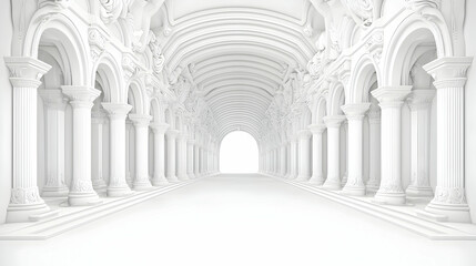 White classical hall, columns, arches, perspective, background light