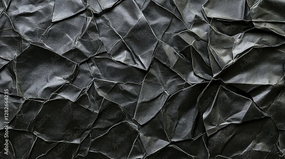 Poster crinkled dark paper texture with numerous geometric forms displayed vividly