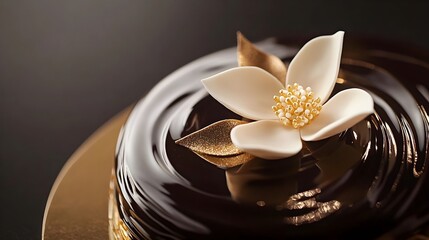 Elegant chocolate cake with white flower and gold accents; a sweet treat for special occasions. 