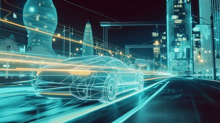 Futuristic Car Design Concept on City Road at Night