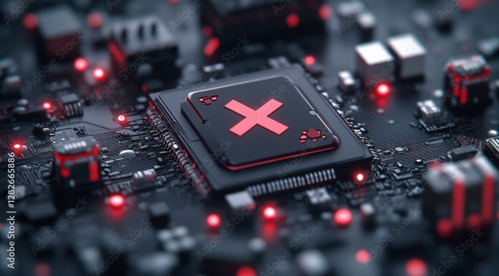 Poster cyberpunk cityscape microchip closeup with red error x