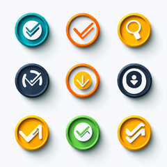 Colorful Round Buttons with Check Marks, Arrows, and Magnifying Glass