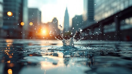 Obraz premium Urban Water Drop Splash Cityscape Sunset Reflection
