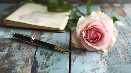 Rose, Notebook and Pen on Rustic Wooden Table Surface - Floral Still Life Composition