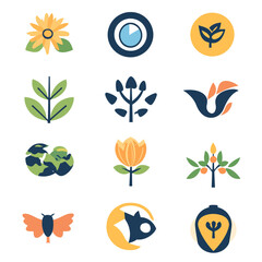 Set of nature related flat design vector emblems and icons collection