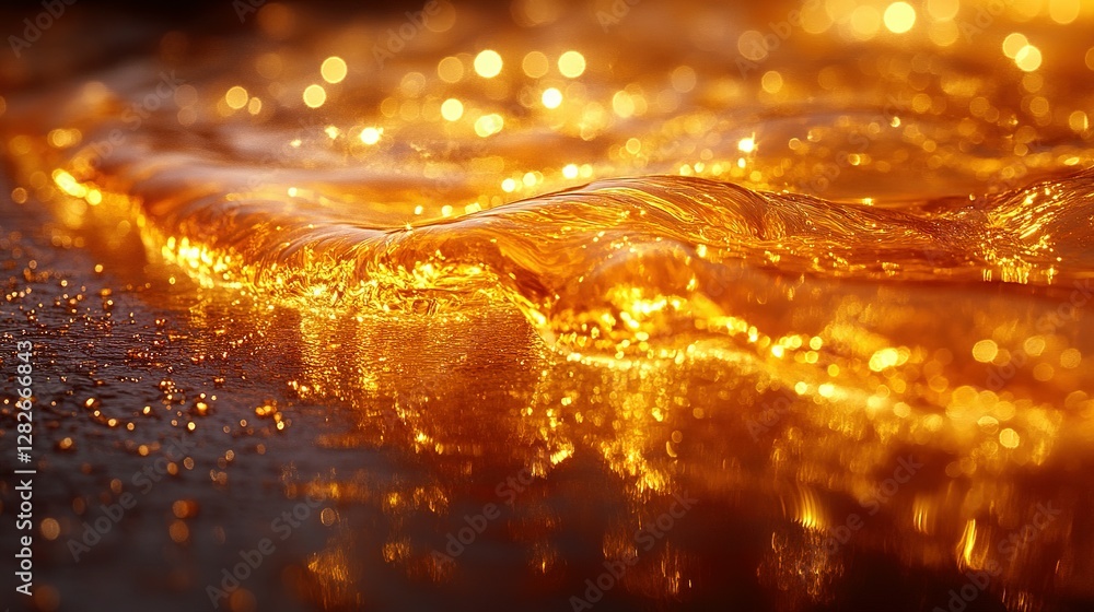 Poster golden liquid flowing with sparkling bokeh reflecting light across the surface