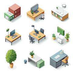 Obraz premium Isometric vector illustration of office desks and workspaces design