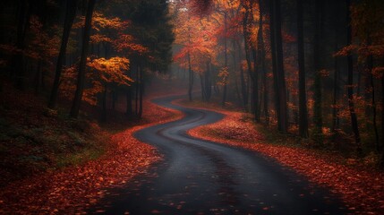 Winding Road Through a Misty Autumn Forest with Red and Orange Leaves