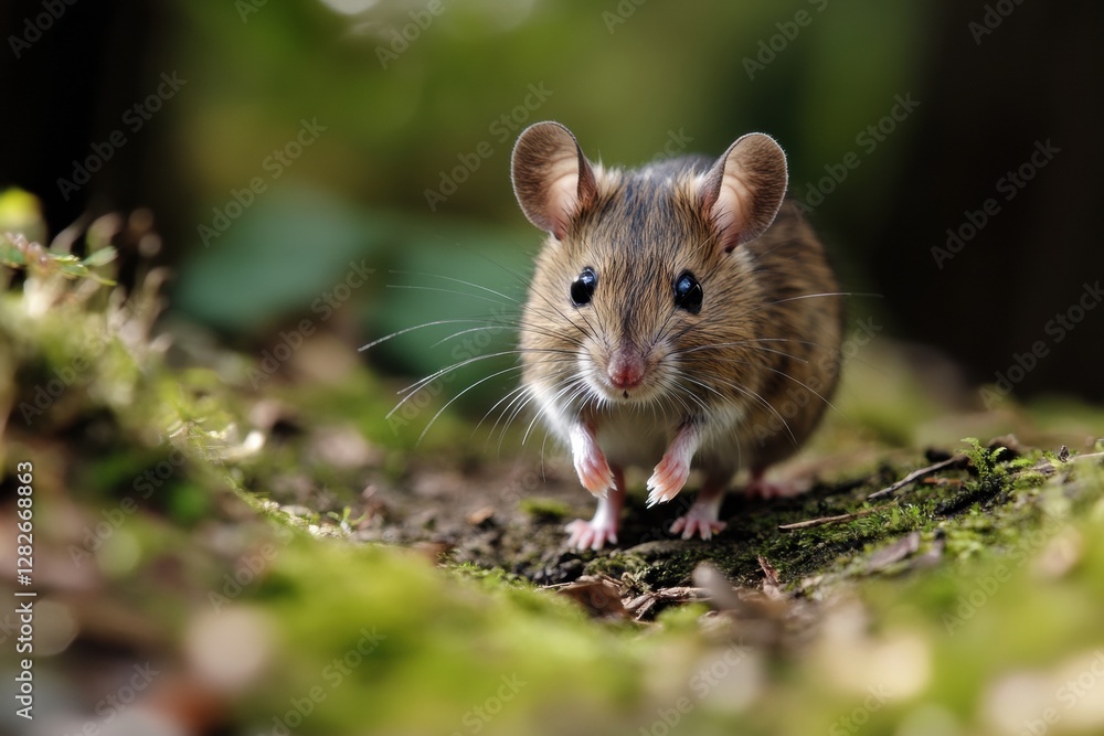 Poster small brown mouse explores a lush green forest floor during a sunny day in spring. generative ai