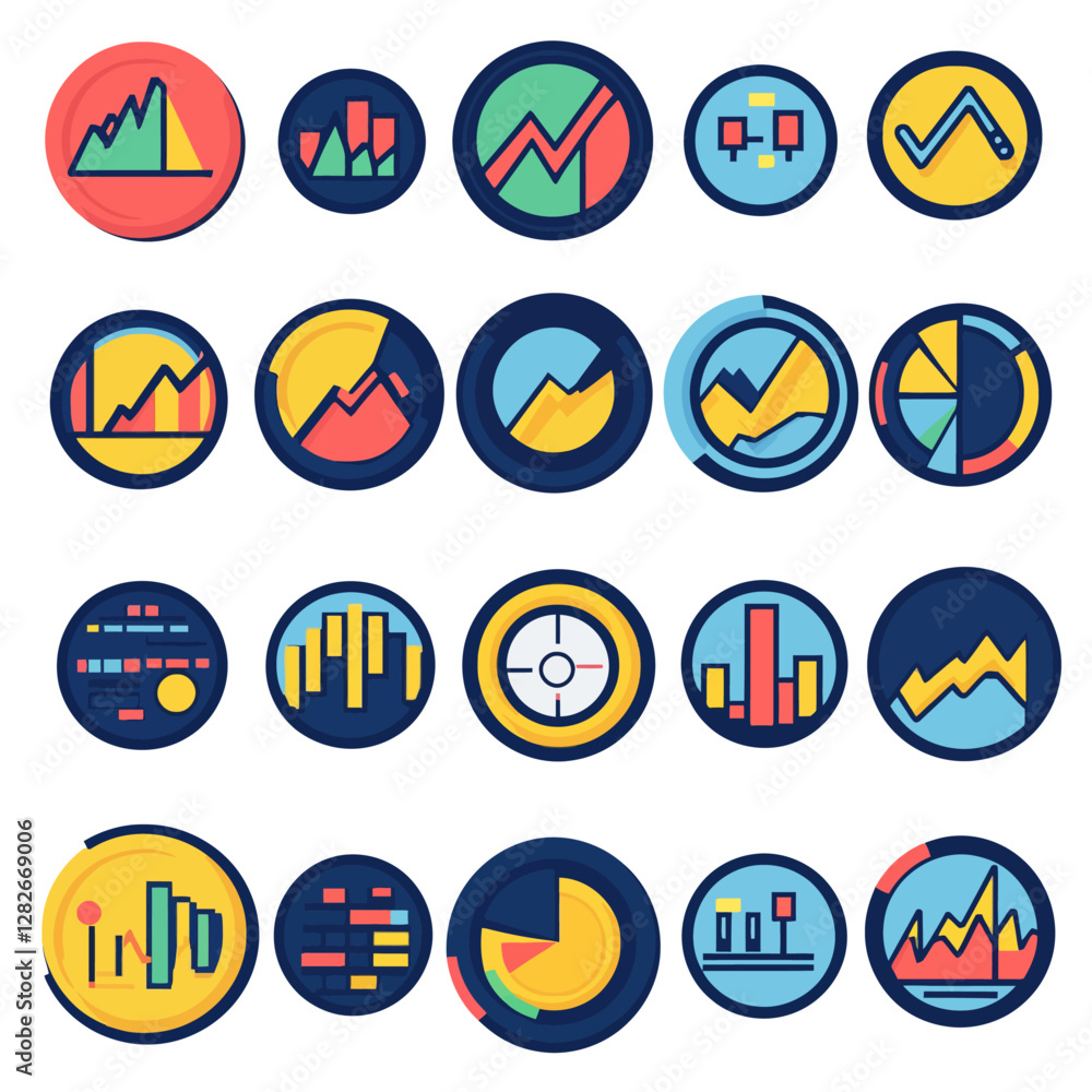 Poster colorful data analysis icons representing business metrics and statistics