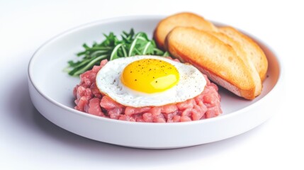 Fresh Raw Meat Tartare with Fried Egg and Toast on White Plate