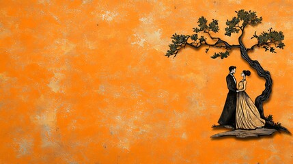 Silhouette Couple Embracing Under Tree Against Textured Orange Background