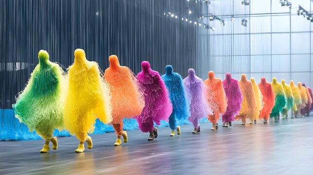 A futuristic fashion runway featuring clothing made from color shifting nanofibers creating a vibrant and dynamic display of innovative textile technology and avant garde design