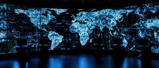 A digital world map displayed on a large screen, illuminated with blue tones and overlaid with data visuals.