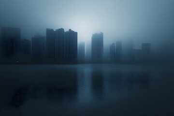 Naklejka premium A dark urban background with silhouettes of tall buildings, exudes an aura of solitude and urban sophistication