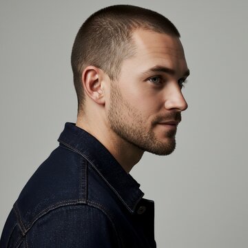 A Man with Stylish Buzz Cut Hairstyle in Denim Jacket &ndash; Side Profile Portrait