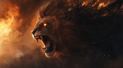 Naklejka premium Fiery Roaring Lion Majestic King of the Jungle in a Cosmic Inferno