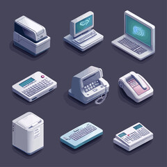 Isometric Office Technology Icons: Computers, Fax, Phones, and Shredder