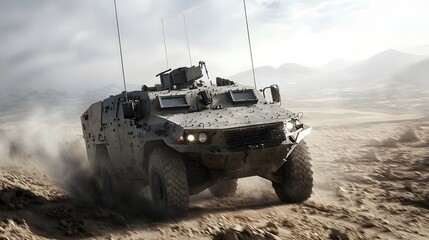 A high speed armored personnel carrier APC maneuvering through rugged terrain under dramatic lighting showcasing its military capabilities and power in a combat environment