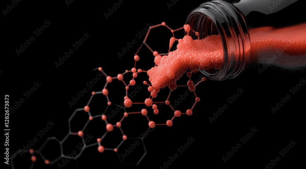 Poster 3d render red liquid pouring molecular structure science macro