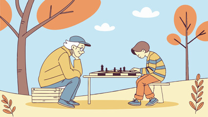 Elderly Man Playing Chess with a Young Boy in the Park. Perfect for: Grandparents' Day, family bonding, intellectual activities