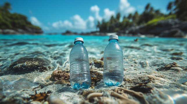 Two plastic bottles gabbage floating in the ocean