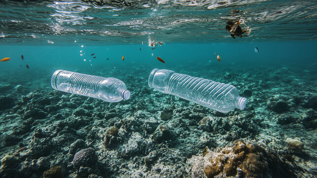 Two plastic bottles gabbage floating in the ocean