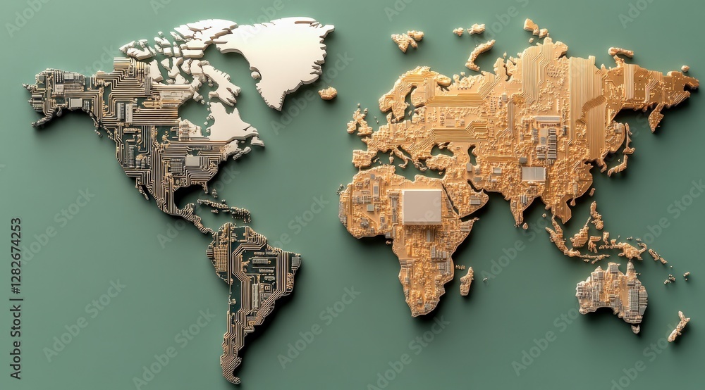 Poster global network 3d isometric world map circuit board design