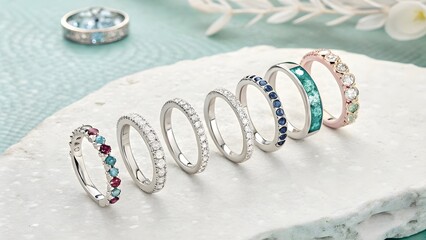 Elegant Collection of Silver Rings with Colorful Gemstones on Soft Textured Background