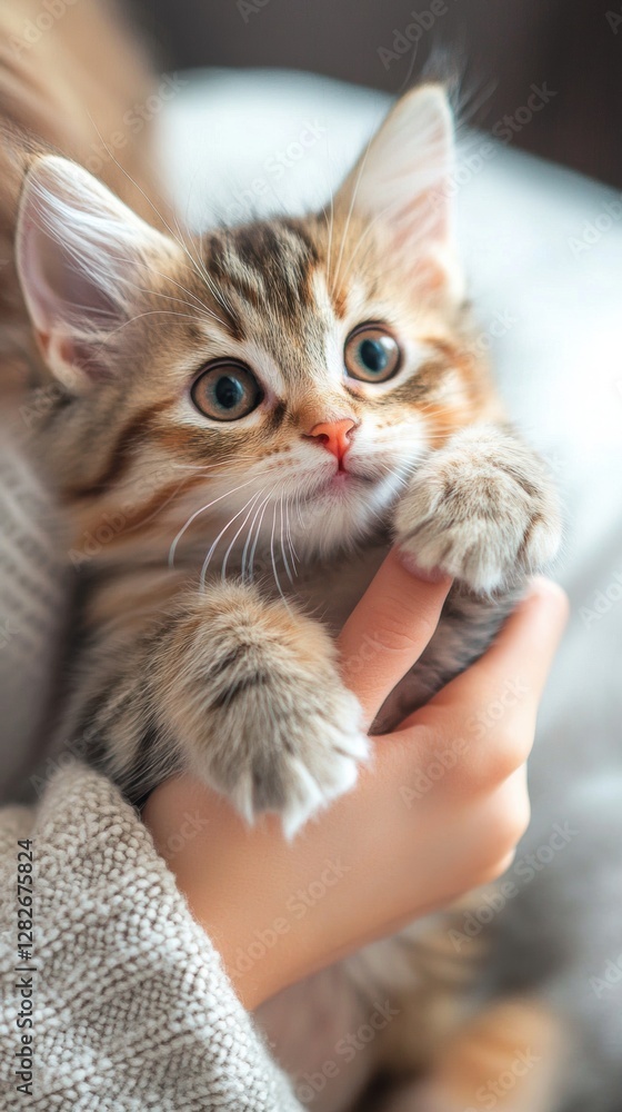 Aufkleber cute fluffy kitten cuddling in a persons hand while comfortably resting indoors during the daytime. 