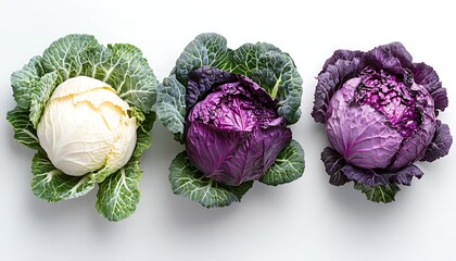 Obraz premium Three cabbages, white, purple, red, food